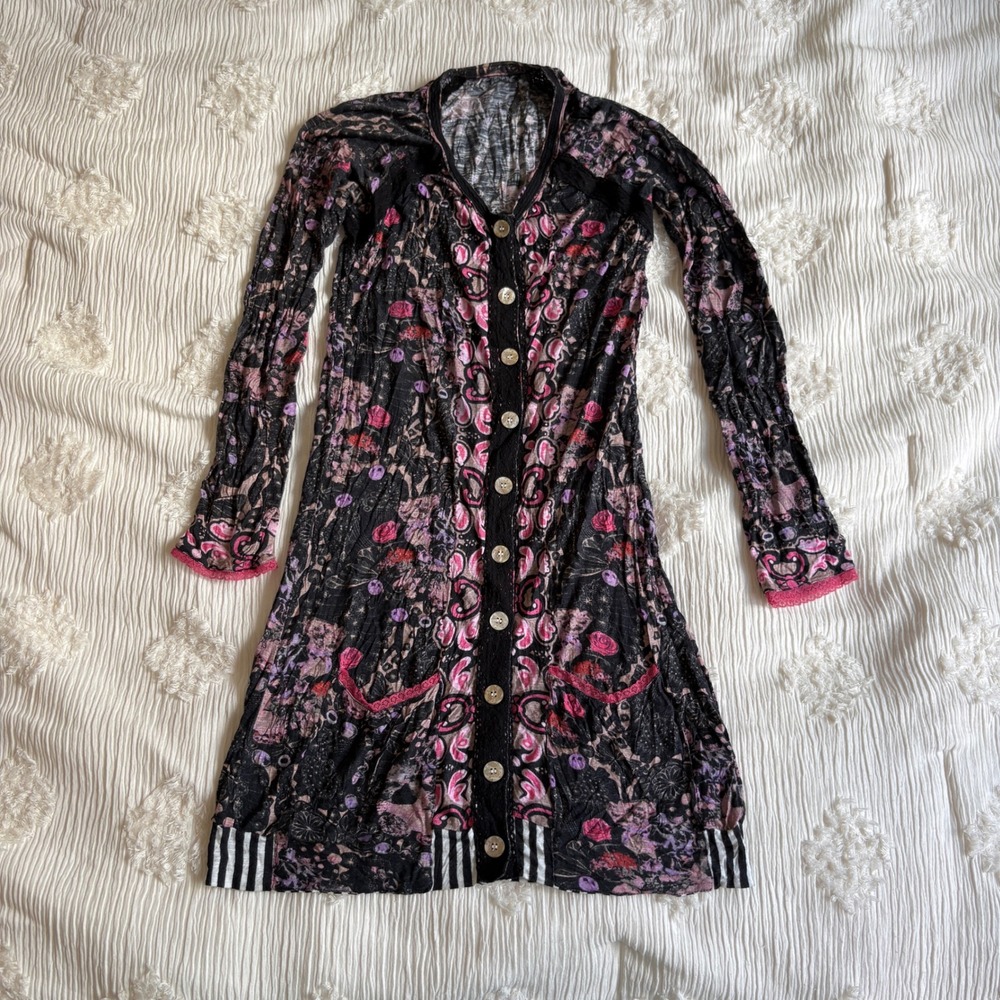 Custo Barcelona Floral Paisley Longline Cardigan Boho Indie Pink Black Size 1